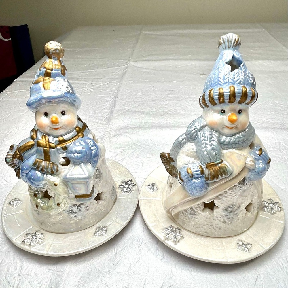 Vtg Design Inspirations 2002 Snowmen Tea Light Holder Set Iridescent 6in